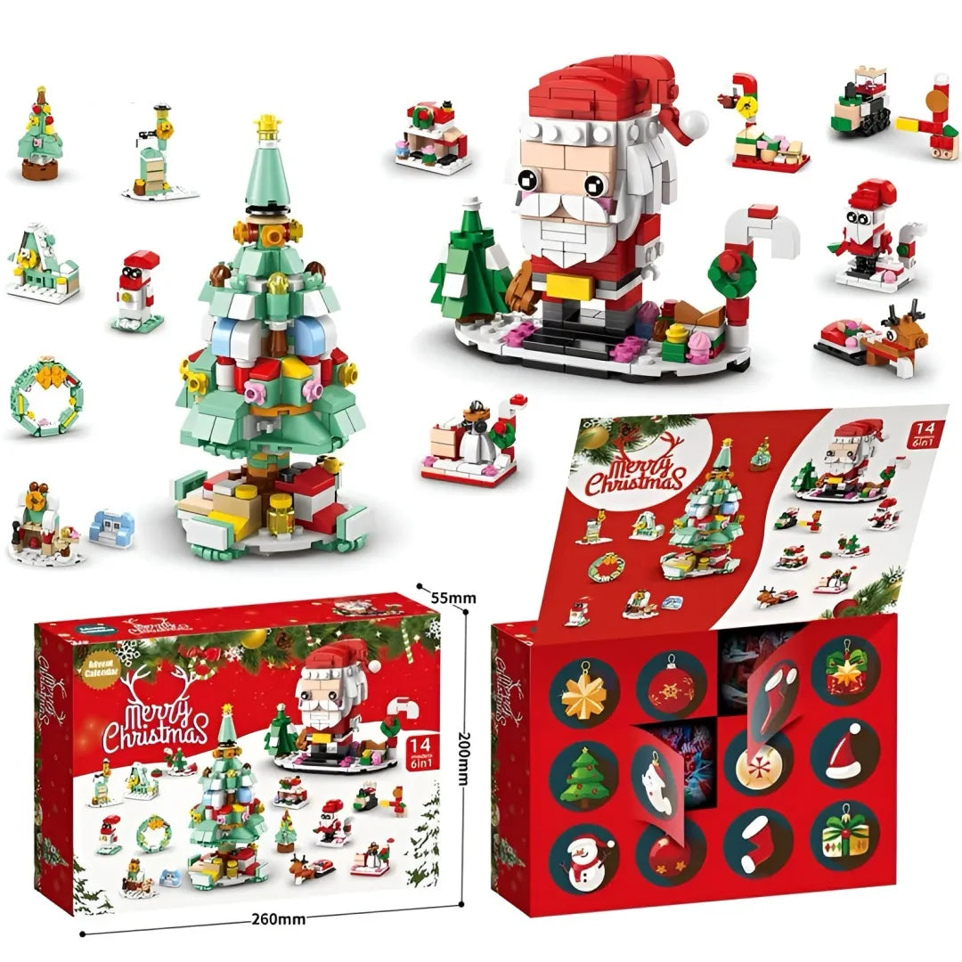 Christmas-themed building block set with Santa Claus, tree, and other festive elements, displayed with packaging.