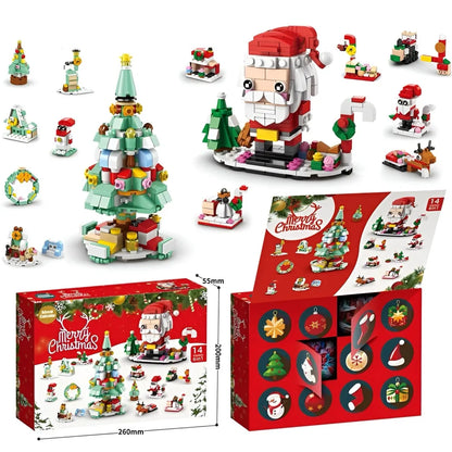 Christmas-themed building block set with Santa Claus, tree, and other festive elements, displayed with packaging.