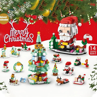 Christmas-themed building block set with Santa Claus and tree, featuring 'Merry Christmas' text.