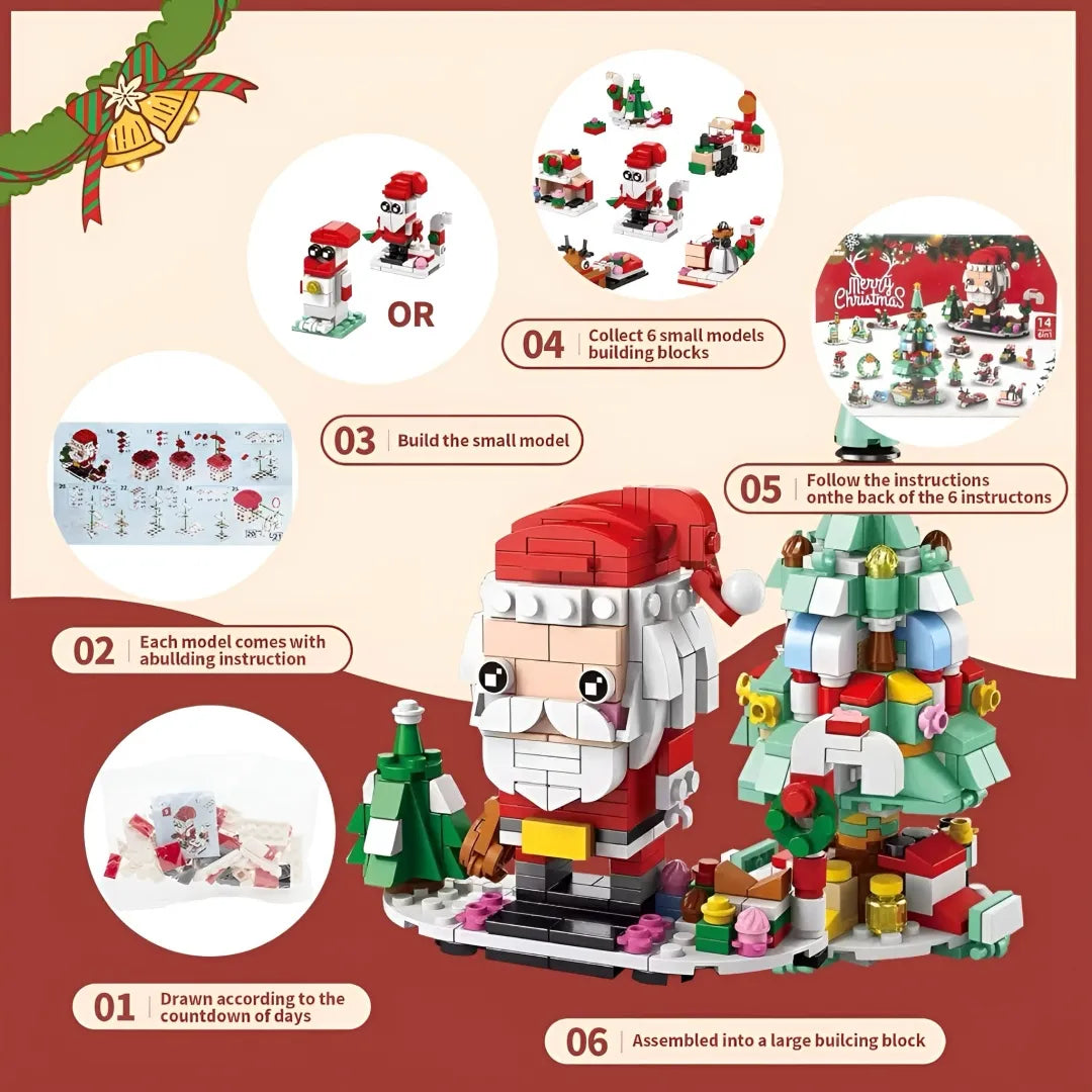 Christmas Block Advent Calendar assembly guide showing 6 small models combining into large Santa and tree with building instructions.