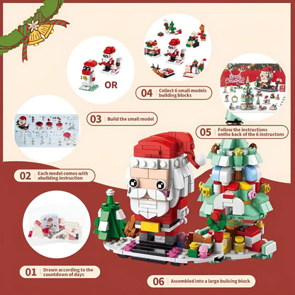 Christmas Block Advent Calendar assembly guide showing 6 small models combining into large Santa and tree with building instructions.