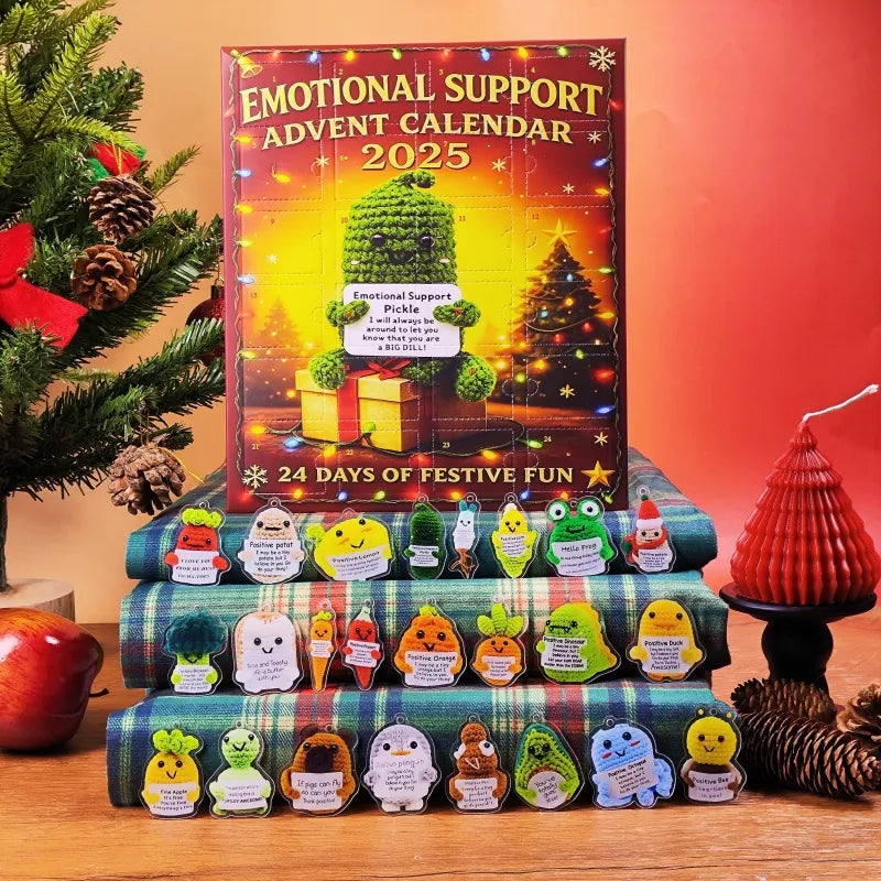 Emotional Support Advent Calendar 2025 with small figures on a festive background
