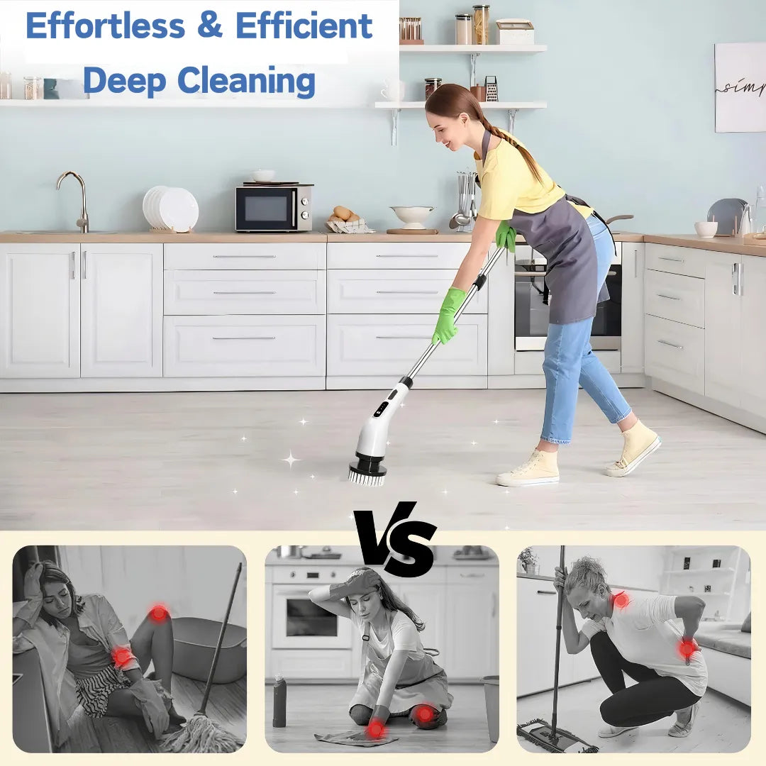Woman using cordless electric cleaning brush on kitchen floor—effortless deep cleaning compared to traditional scrubbing (shown in VS comparison)