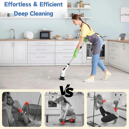 Woman using cordless electric cleaning brush on kitchen floor—effortless deep cleaning compared to traditional scrubbing (shown in VS comparison)