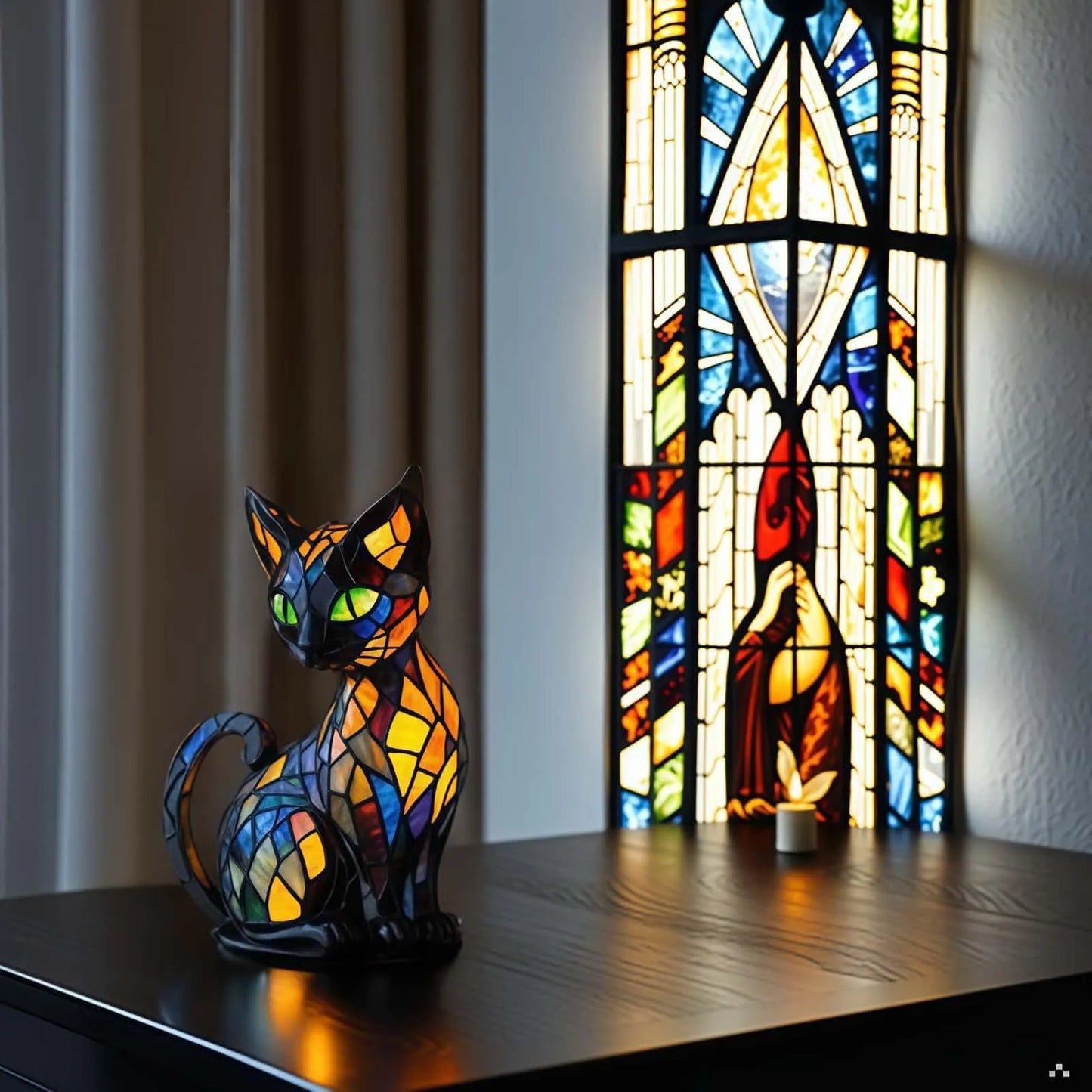 Stained glass cat sculpture in front of a stained glass window