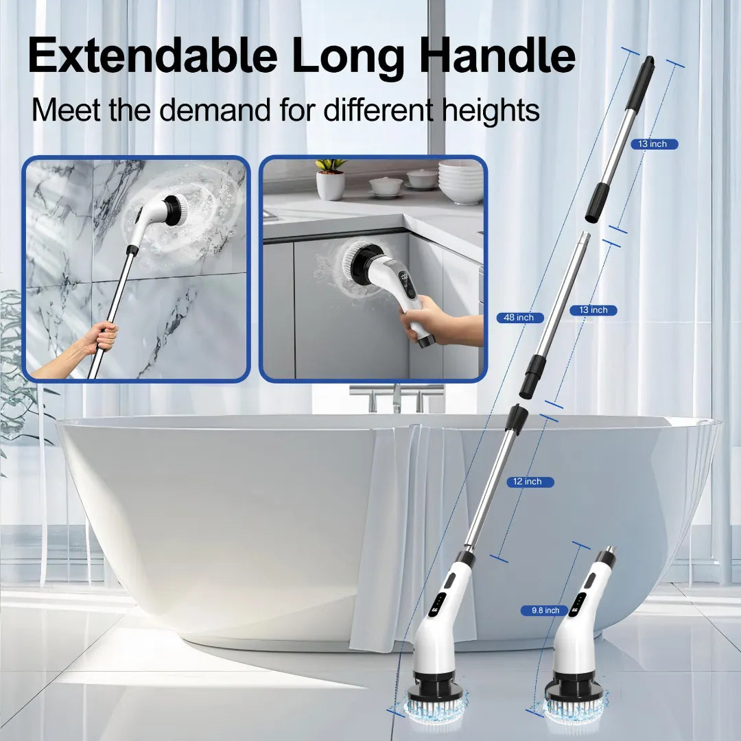 Extendable long-handle electric cleaning brush with adjustable lengths (9.8-48 inches) cleaning bathroom tiles and kitchen cabinets.