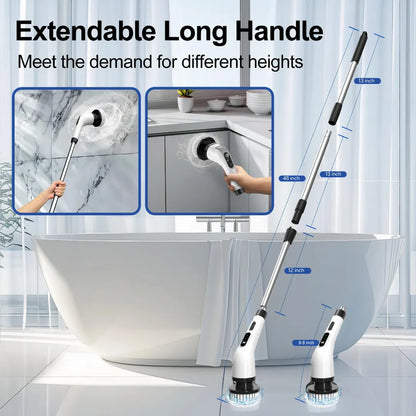 Extendable long-handle electric cleaning brush with adjustable lengths (9.8-48 inches) cleaning bathroom tiles and kitchen cabinets.