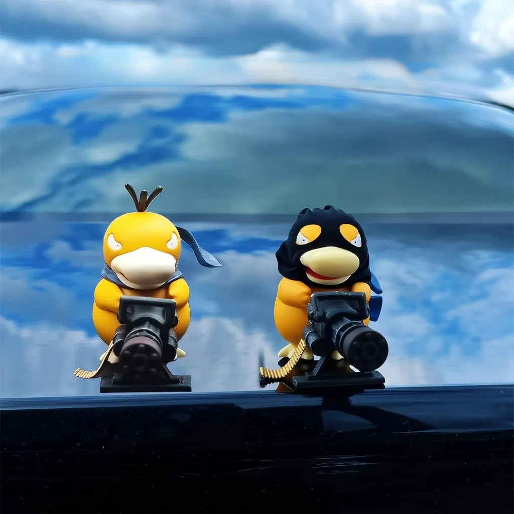 Eye-catching Psyduck car ornaments feature chibi-style characters with toy guns against glossy car roof reflecting dramatic sky clouds.