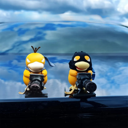 Eye-catching Psyduck car ornaments feature chibi-style characters with toy guns against glossy car roof reflecting dramatic sky clouds.