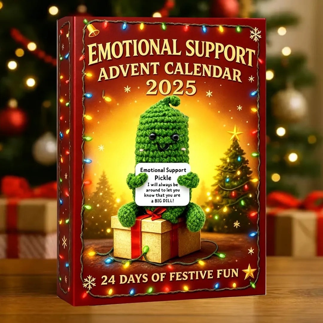 Emotional Support Advent Calendar 2025 with festive design and Christmas tree background