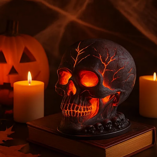 Decorative skull with glowing eyes on a book, surrounded by candles and a pumpkin, against a dark background.