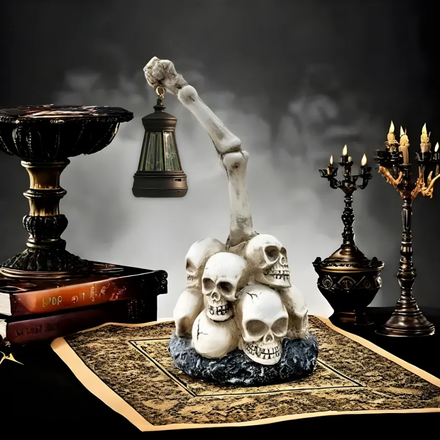 Decorative arrangement with skulls, candles, and books on a dark background