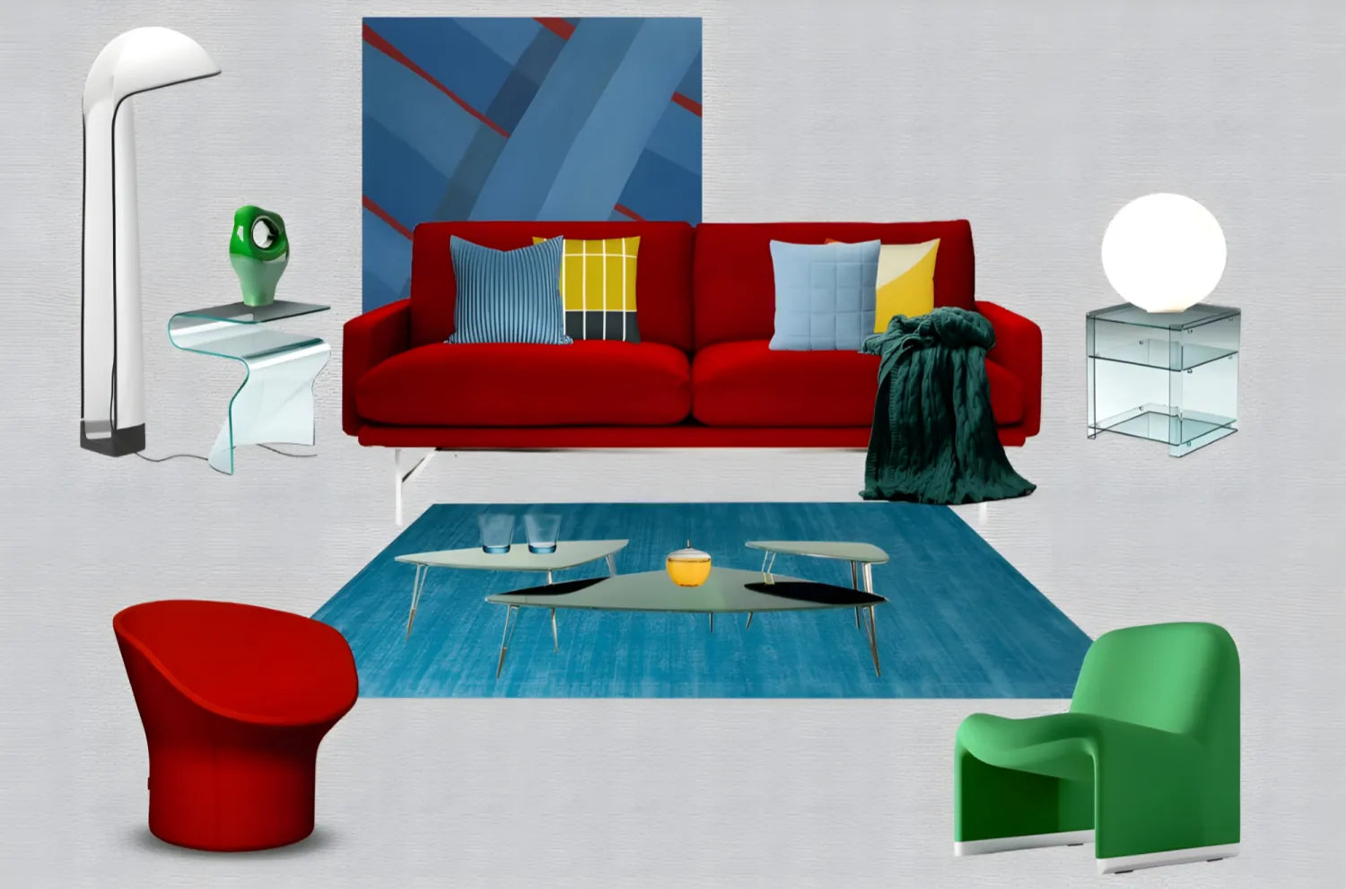 Modern living room with red sofa, green chair, and abstract wall art.