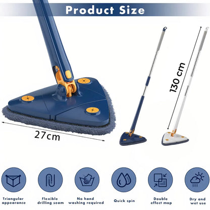 Blue and yellow long-handle triangle mop with 130cm extendable pole and 27cm microfiber head for dry/wet cleaning. Features quick-spin function, no hand-washing design, and suction cups for stable use.