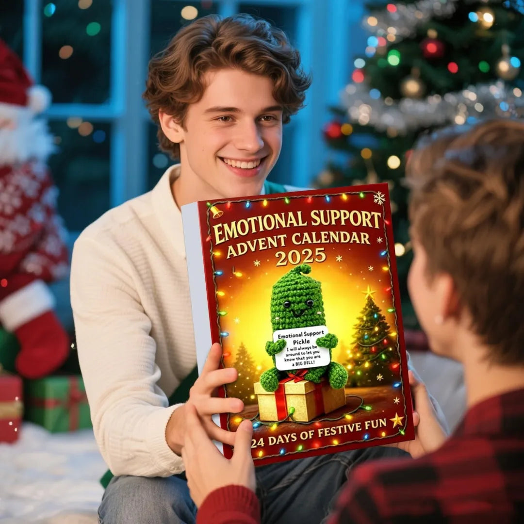 Person giving an 'Emotional Support Advent Calendar 2025' with a festive background to a kid.