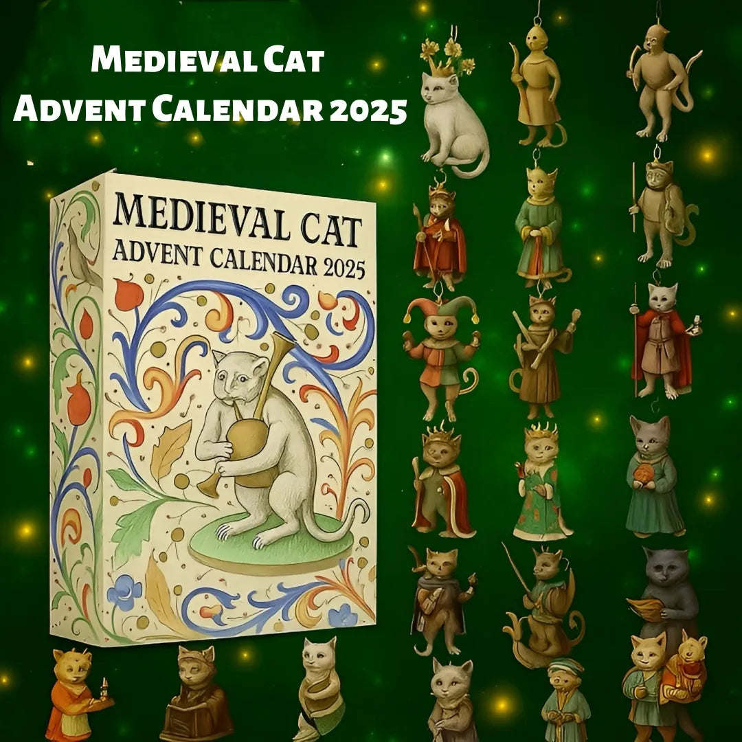 Medieval Cat Advent Calendar 2025 with decorative cats on a green background