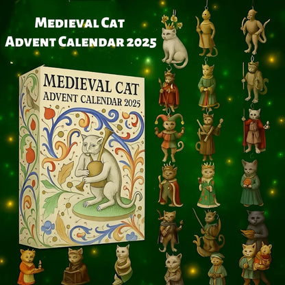 Medieval Cat Advent Calendar 2025 with decorative cats on a green background