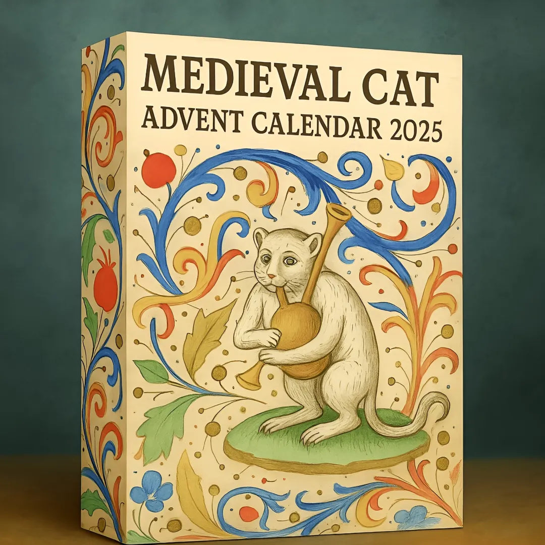 Medieval Cat Advent Calendar 2025 with decorative design on a green background