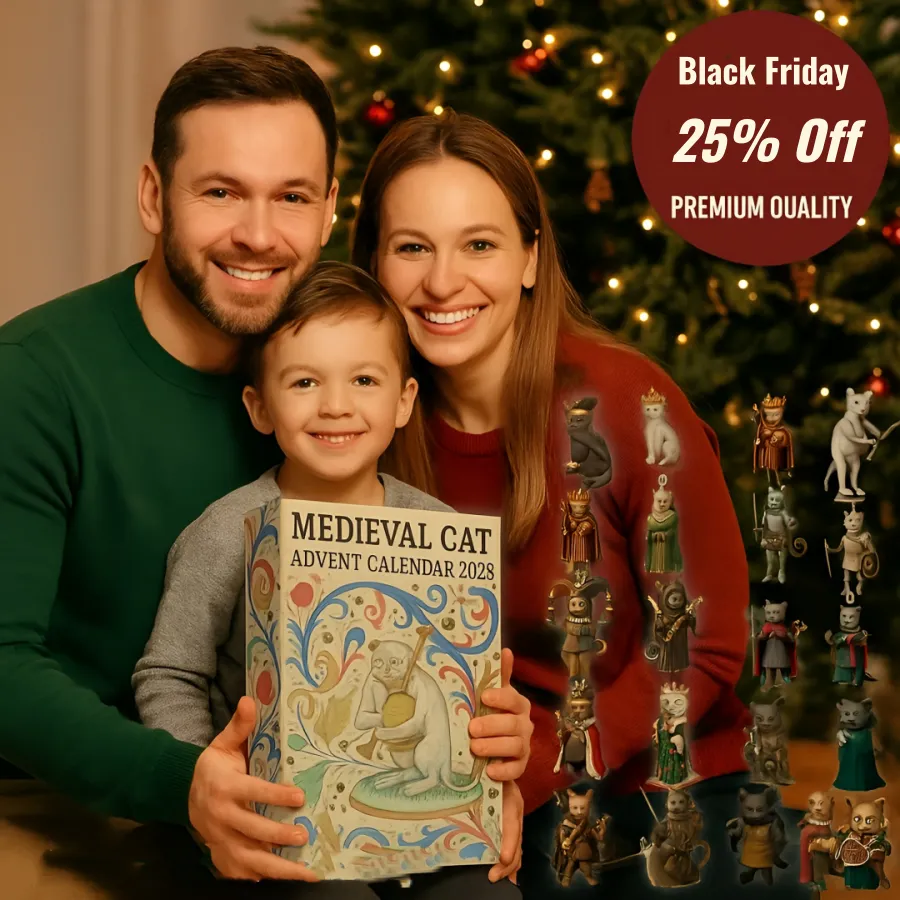 Family holding a 'Medieval Cat' Advent Calendar with Christmas decorations in the background.