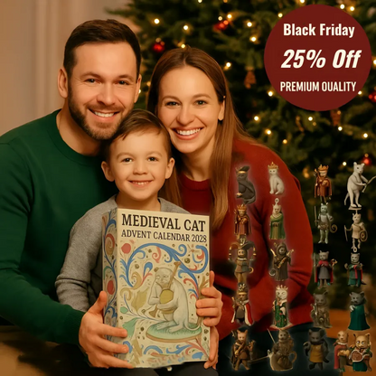 Family holding a 'Medieval Cat' Advent Calendar with Christmas decorations in the background.