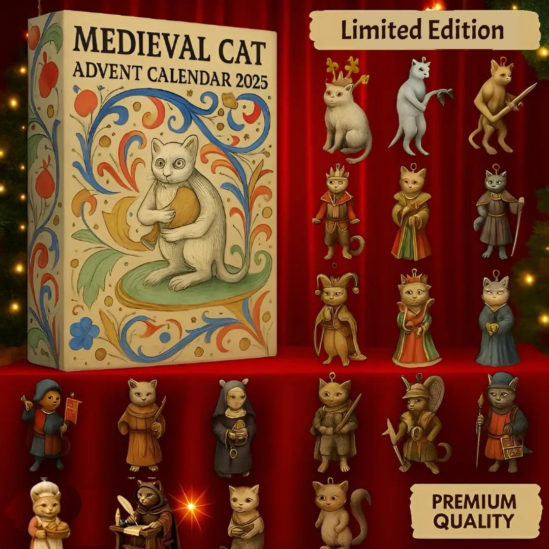 Medieval Cat Advent Calendar 2025 with decorative packaging and cat figurines on a red background.
