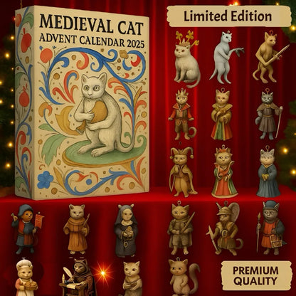 Medieval Cat Advent Calendar 2025 with decorative packaging and cat figurines on a red background.