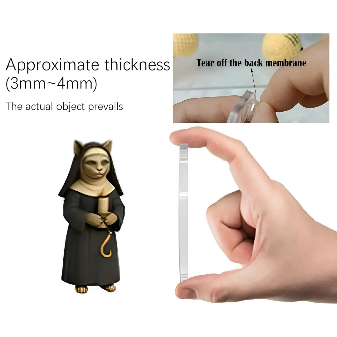 Medieval Cat Advent Calendar 2025 with 3-4mm premium acrylic figurine. Shows protective film removal and cat nun character design.