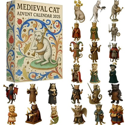Medieval Cat Advent Calendar 2025 with premium acrylic cat figurines in royal costumes on white background.