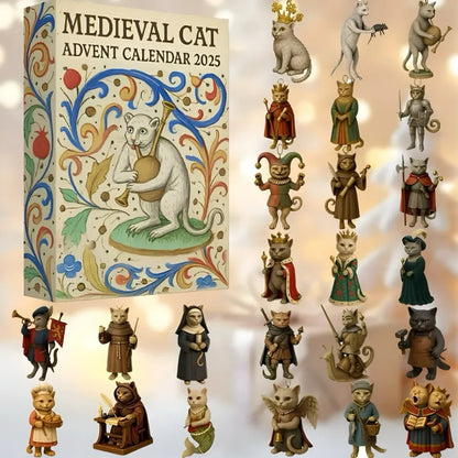 Medieval cat advent calendar with figurines on a light background