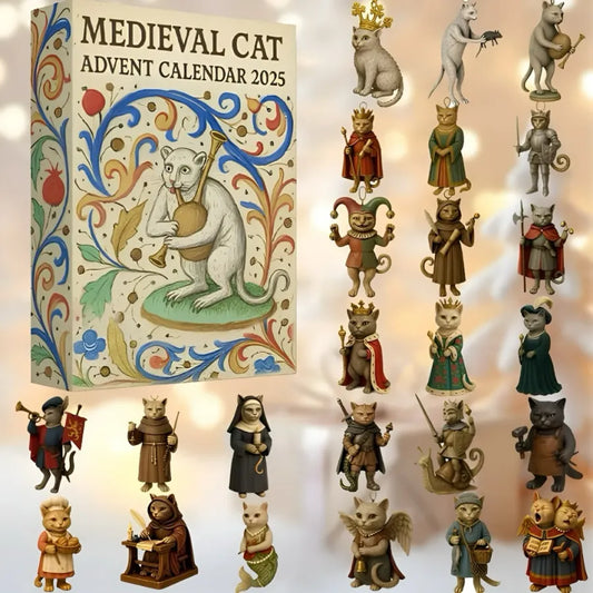 Medieval cat advent calendar with figurines on a light background
