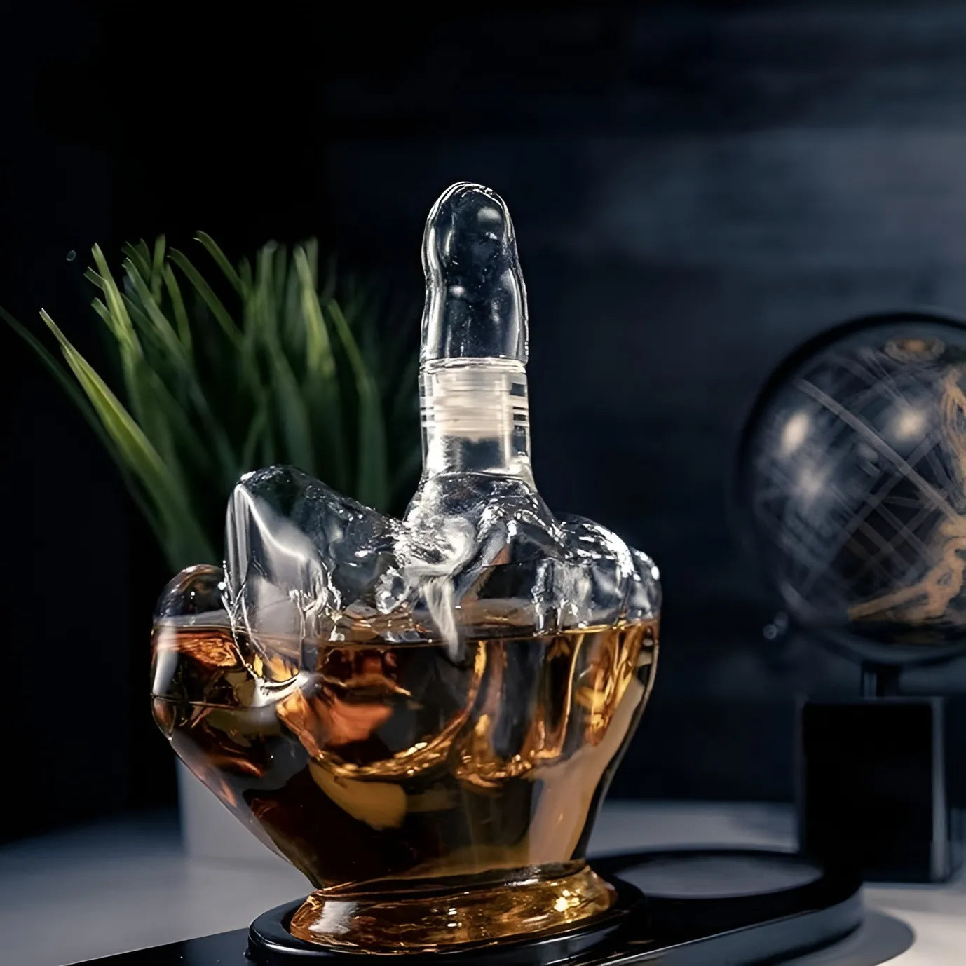 Middle finger decanter filled with golden whiskey on black base, set against a dark background.
