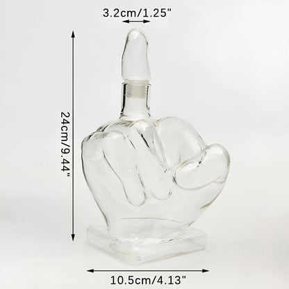 Clear glass middle finger decanter with detailed dimensions: 24cm height, 10.5cm width, 3.2cm finger length. Square base for stability.