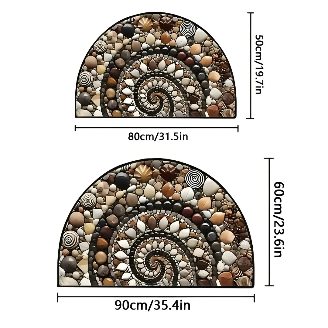 Pebble door mat dimension display showing 50x80cm and 60x90cm semicircular spiral stone patterns.