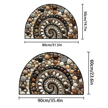 Pebble door mat dimension display showing 50x80cm and 60x90cm semicircular spiral stone patterns.
