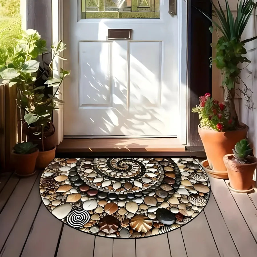Easy-to-clean pebble door mat with spiral stone pattern by white door and plants.