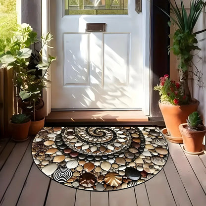 Easy-to-clean pebble door mat with spiral stone pattern by white door and plants.
