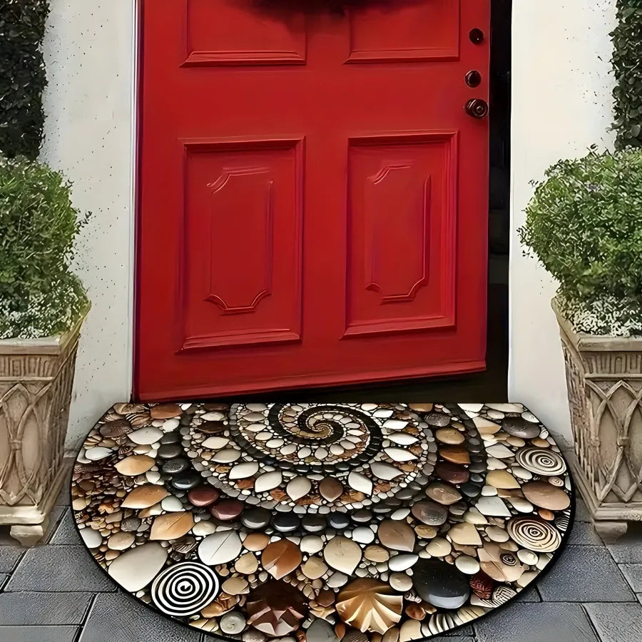 Decorative peddle doormat in front of a red door with plants on either side.