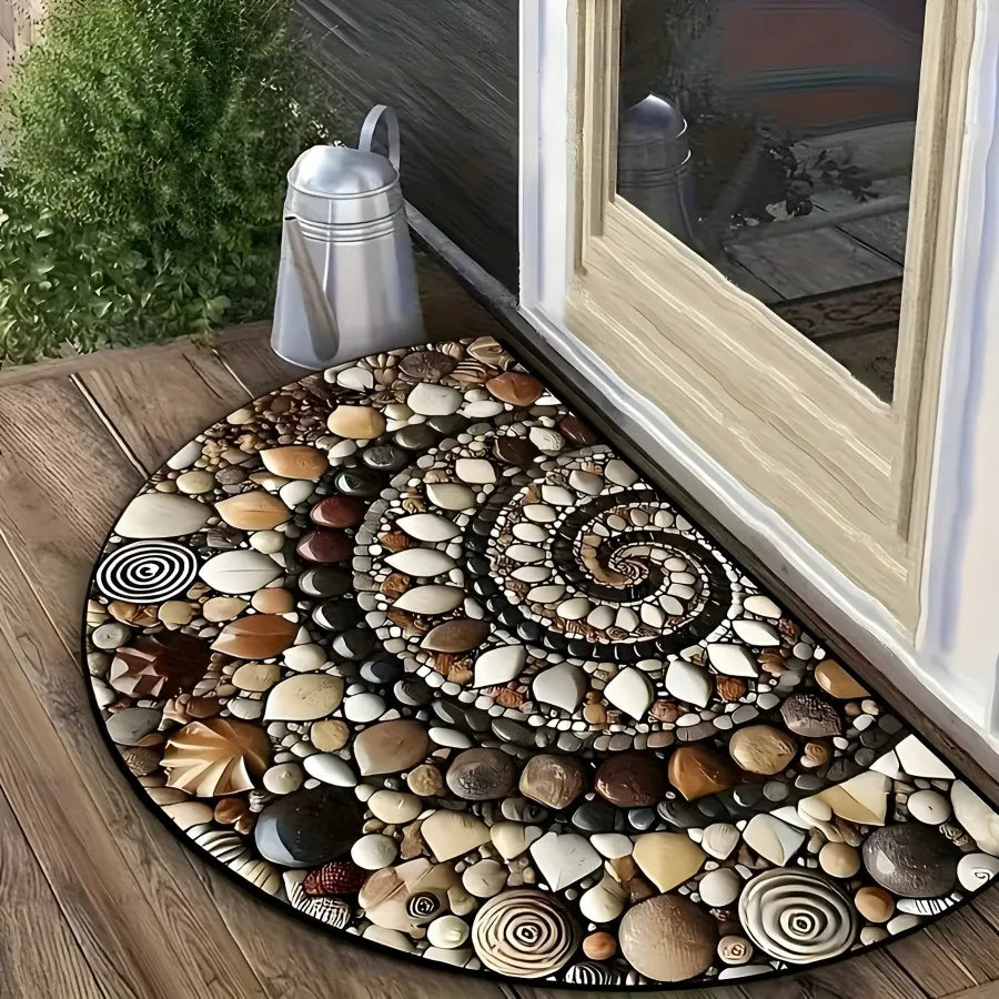 Decorative pebble mat with spiral design on a wooden floor.