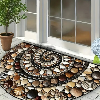 Soft material pebble door mat with spiral stone pattern on a floor