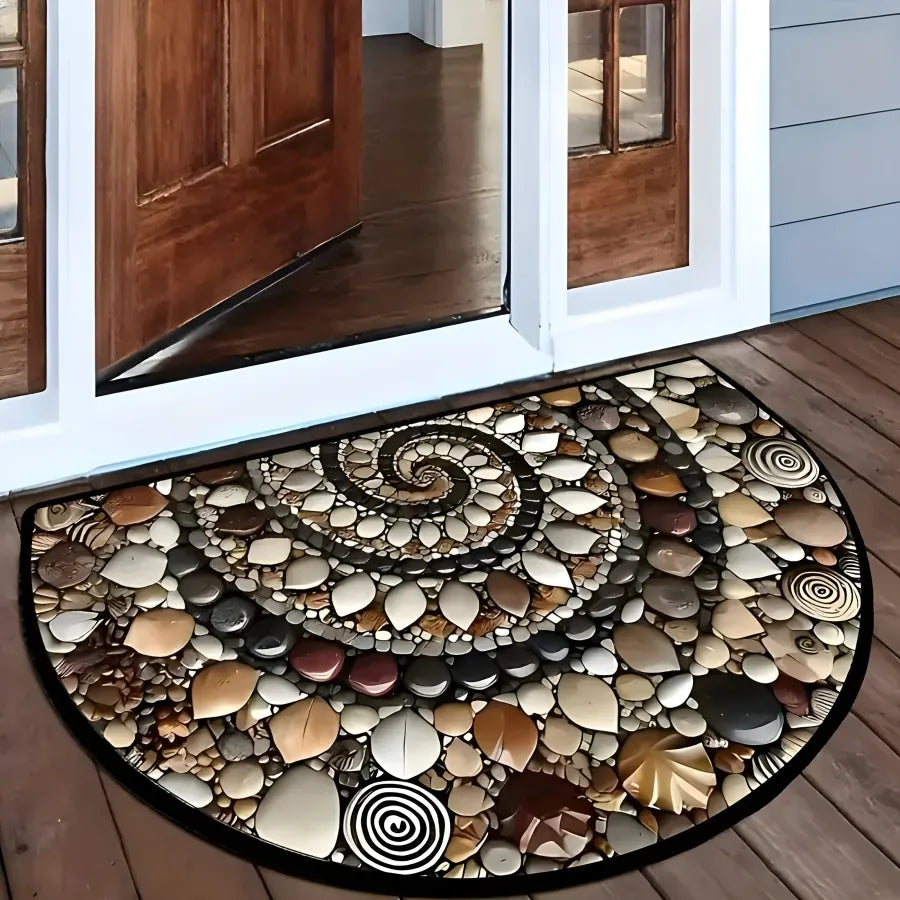 Decorative stone doormat with spiral pattern in front of a wooden door.