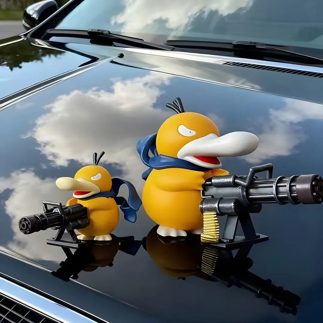 Two yellow psyduck figures with weapons on a car's reflective surface.
