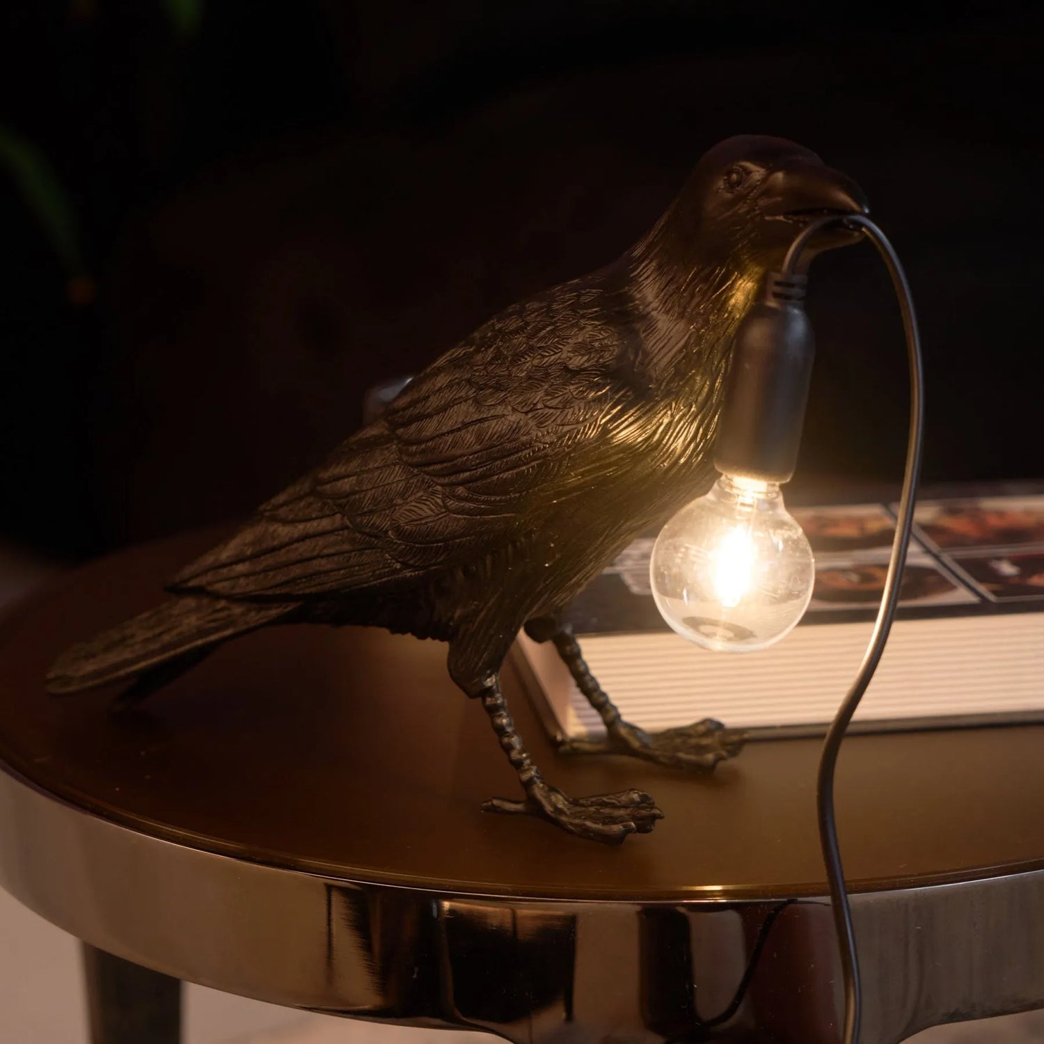 Bird perched on a table with a light bulb, in a dimly lit room.