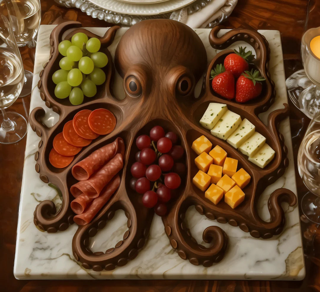 Wooden octopus-shaped charcuterie board with various food items on a marble surface.