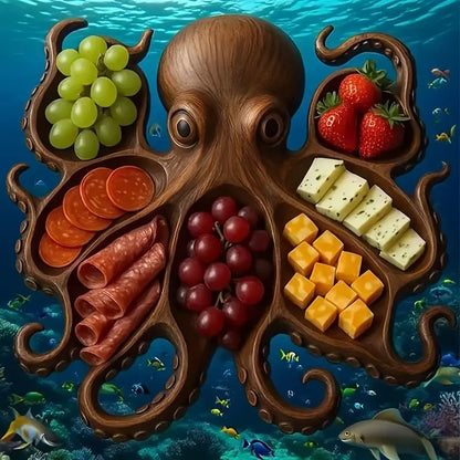 Octopus-shaped platter with various foods on a underwater background