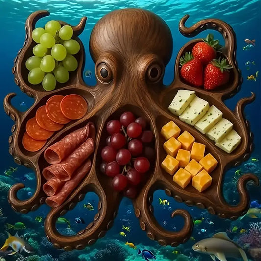Octopus-shaped platter with various foods on a underwater background