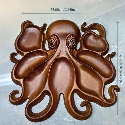 Wooden octopus decoration with measurements on a light background