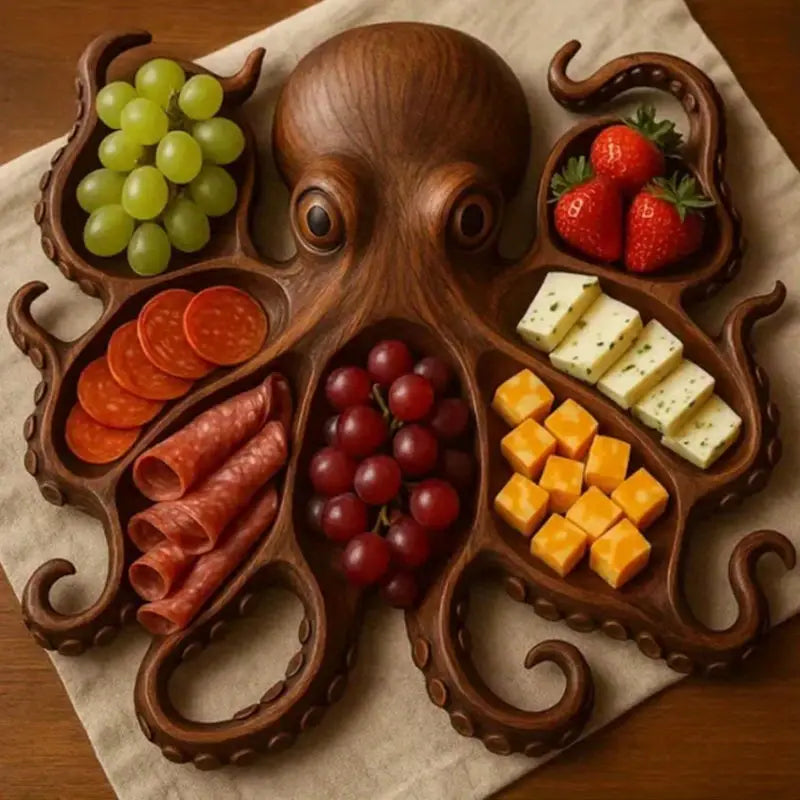Wooden octopus-shaped platter with various food items on a wooden surface