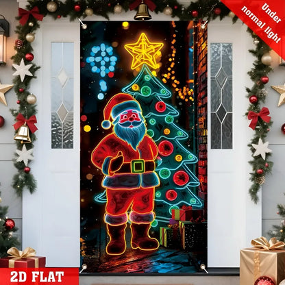 2D flat Santa Claus solar garden light with blue beard under normal light, next to decorated Christmas tree.