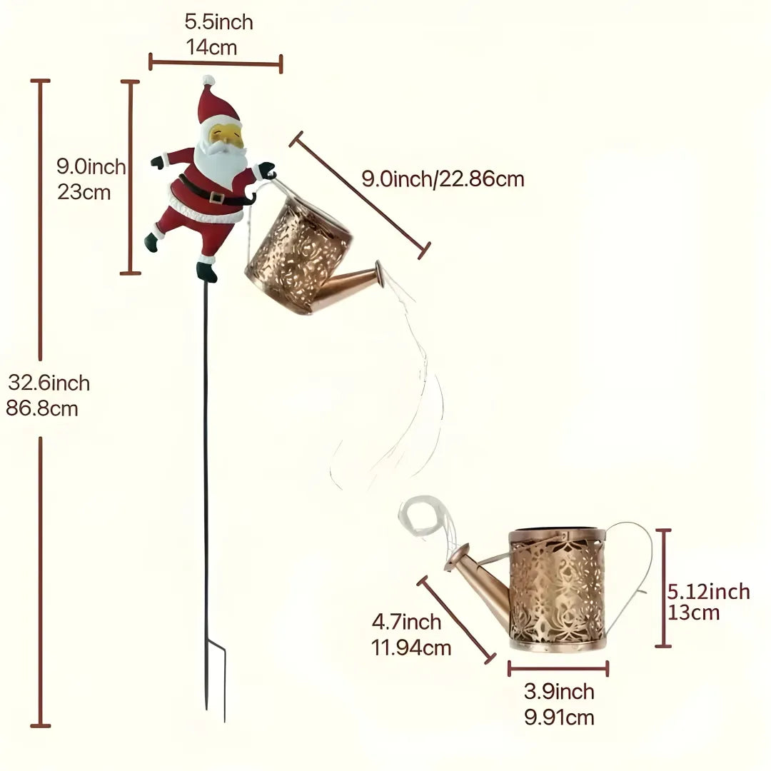 Santa Claus solar garden light dimension display showing 86.8cm height with watering can accessory and measurements.