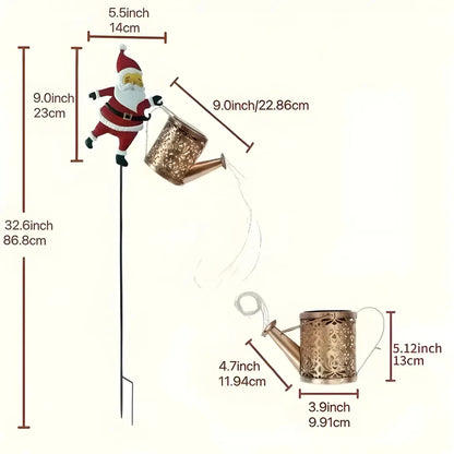 Santa Claus solar garden light dimension display showing 86.8cm height with watering can accessory and measurements.